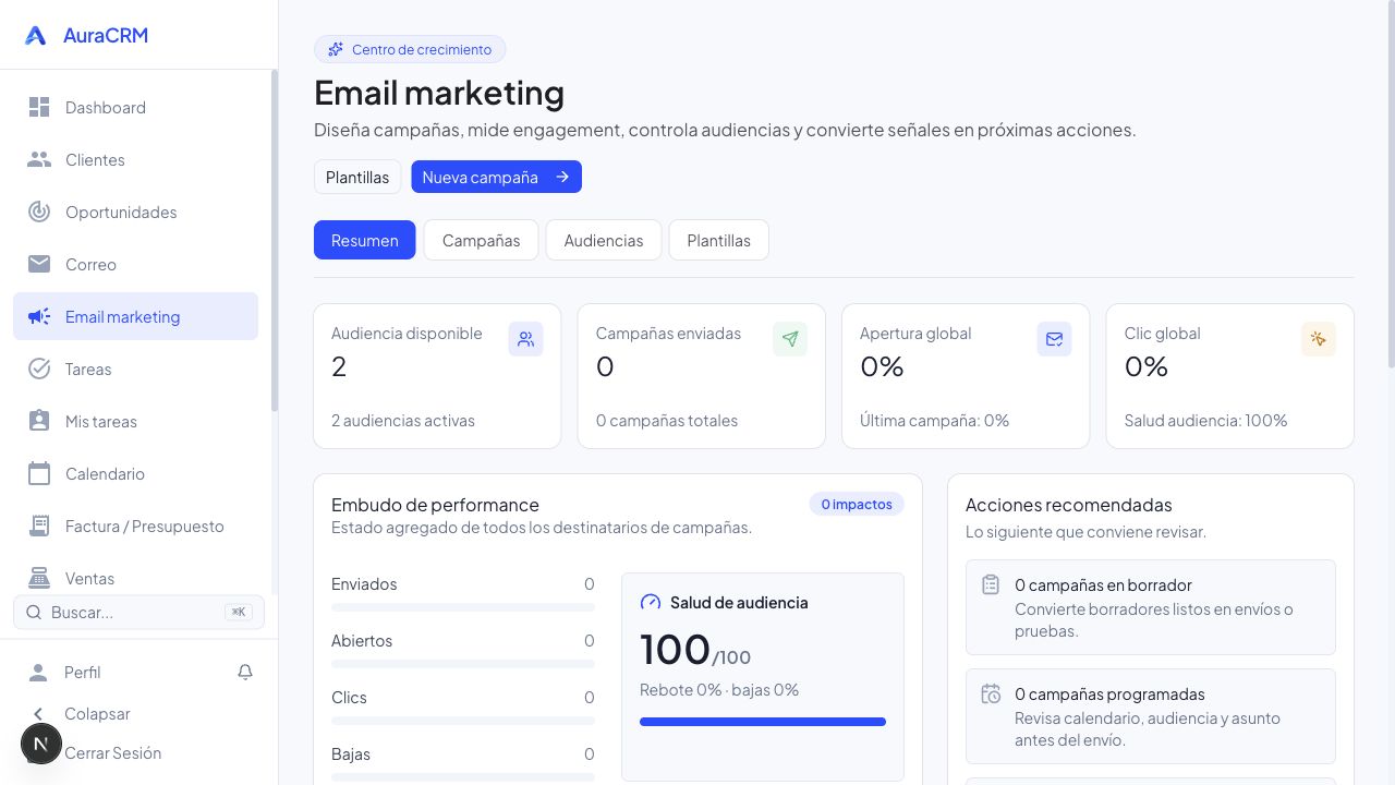 Pantalla de email marketing de AuraCRM