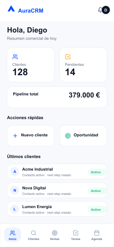 Dashboard mobile de AuraCRM