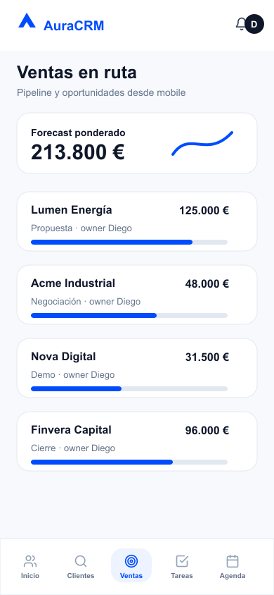 Pipeline de oportunidades en AuraCRM mobile