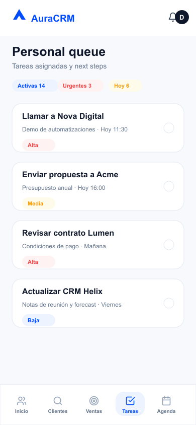 Cola personal de tareas en AuraCRM mobile
